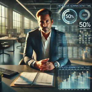 DALL·E 2024-12-14 23.50.09 - A cinematic photograph of a confident business leader in their late 40s to early 50s, sitting in a sleek, modern office. On the desk in front of them,
